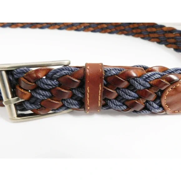 Ermenegildo Zegna Belt 42 Brown Braided Leather Blue Fabric Belt Silver Buckle
